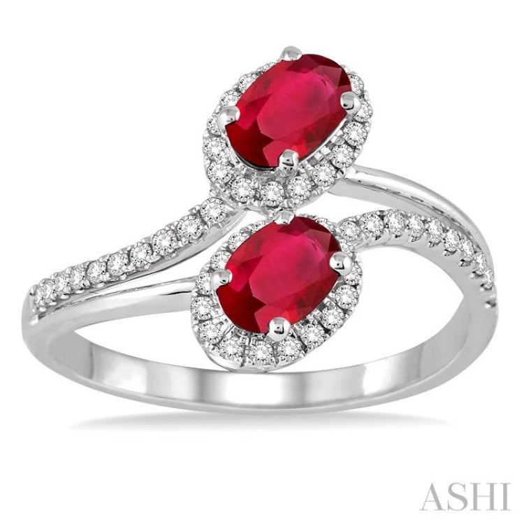 6x4 MM Oval Cut Ruby and 1/4 Ctw Round Cut Diamond Ring in 14K White Gold