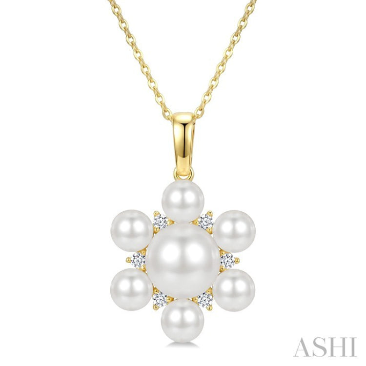 4MM & 7MM White Cultured Pearl and 1/10 Ctw Floral Round Cut Diamond Fashion Pendant With Chain in 10K Yellow Gold