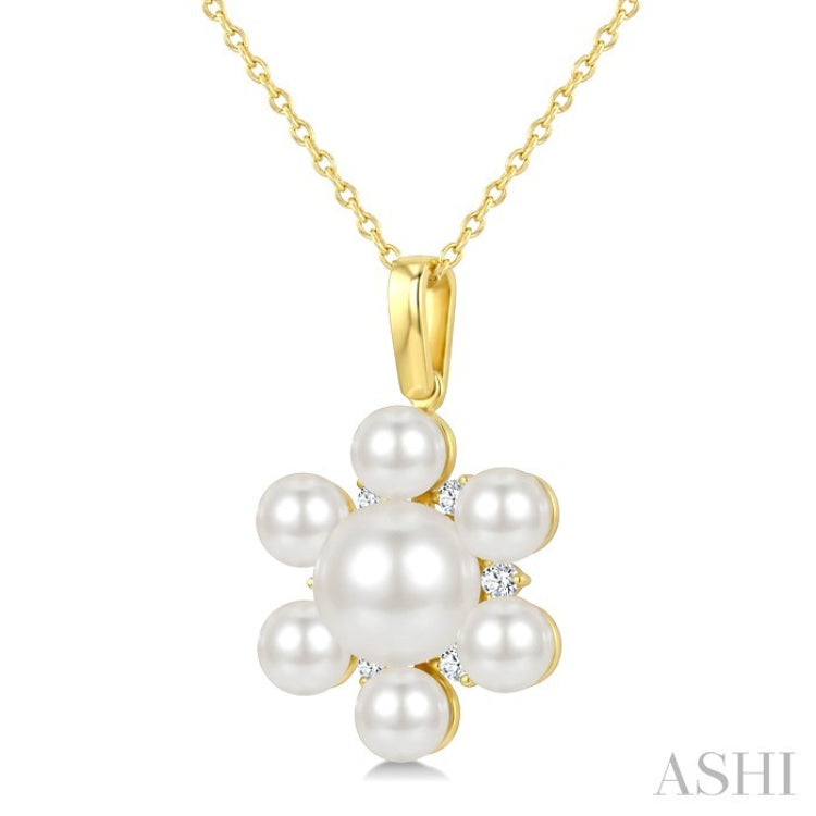 4MM & 7MM White Cultured Pearl and 1/10 Ctw Floral Round Cut Diamond Fashion Pendant With Chain in 10K Yellow Gold