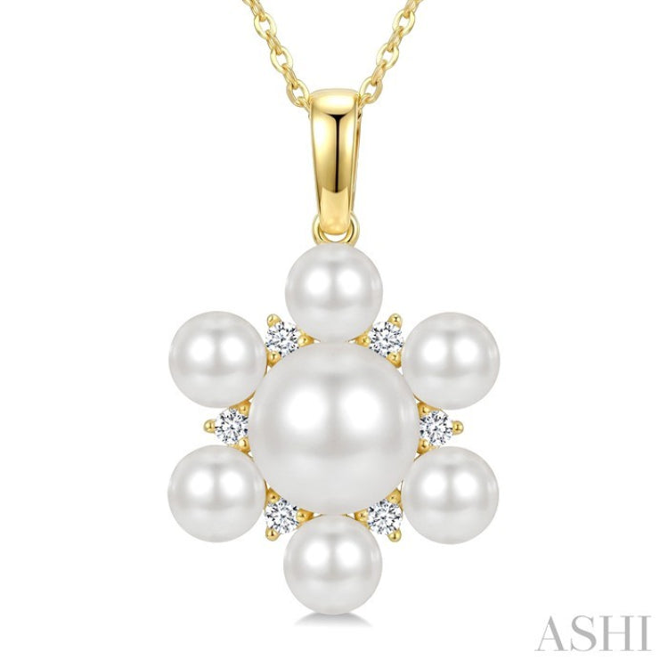 4MM & 7MM White Cultured Pearl and 1/10 Ctw Floral Round Cut Diamond Fashion Pendant With Chain in 10K Yellow Gold