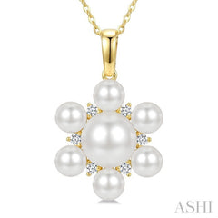 4MM & 7MM White Cultured Pearl and 1/10 Ctw Floral Round Cut Diamond Fashion Pendant With Chain in 10K Yellow Gold
