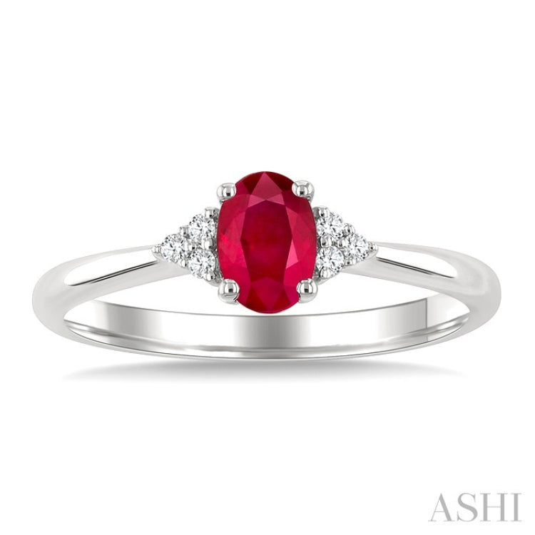 1/20 Ctw Oval Cut 6X4 MM Ruby and Round Cut Diamond precious Ring in 10K White Gold