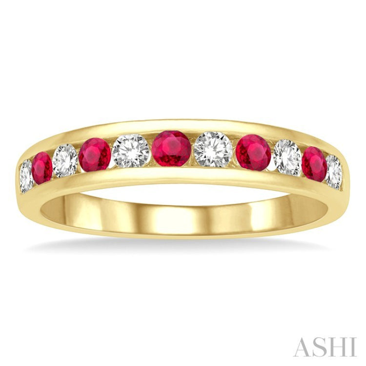 2.3 MM Round Shape Ruby and 1/4 Ctw Round Cut Diamond Precious Wedding Band in 14K Yellow Gold
