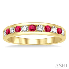 2.3 MM Round Shape Ruby and 1/4 Ctw Round Cut Diamond Precious Wedding Band in 14K Yellow Gold