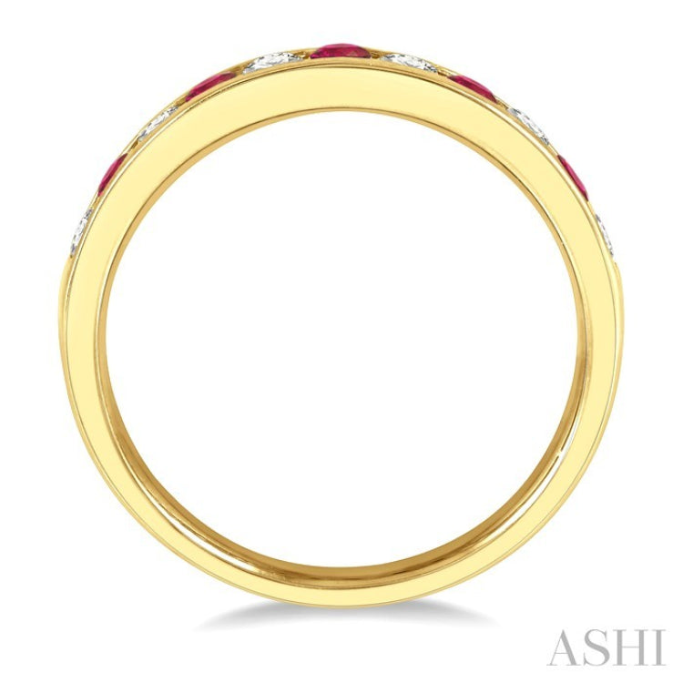 2.3 MM Round Shape Ruby and 1/4 Ctw Round Cut Diamond Precious Wedding Band in 14K Yellow Gold