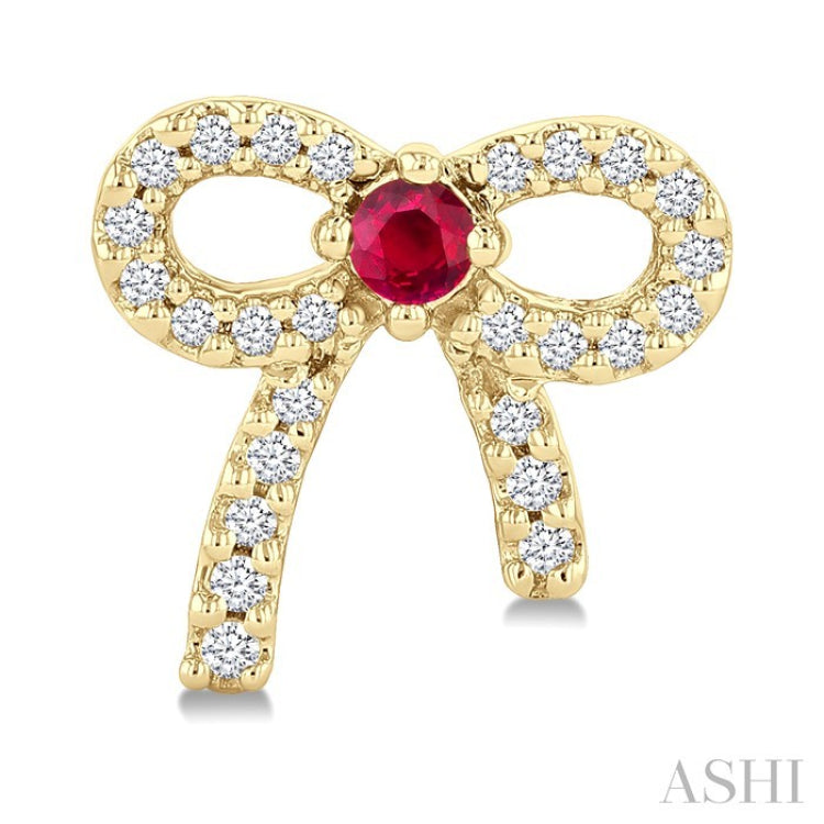 2MM Round Cut Ruby and 1/6 Ctw Round Cut Diamond Bow Petite Precious Fashion Earrings in 10K Yellow Gold