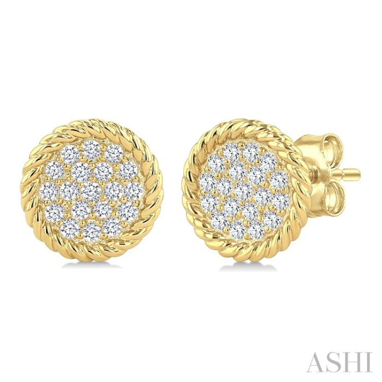 1/5 Ctw Round Cut Diamond Rope Border Circle Motif Fashion Stud Earring in 10K Yellow Gold
