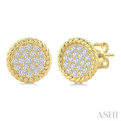 1/5 Ctw Round Cut Diamond Rope Border Circle Motif Fashion Stud Earring in 10K Yellow Gold