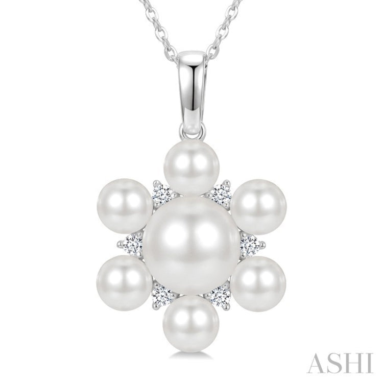 4MM & 7MM White Cultured Pearl and 1/10 Ctw Floral Round Cut Diamond Fashion Pendant With Chain in 10K White Gold