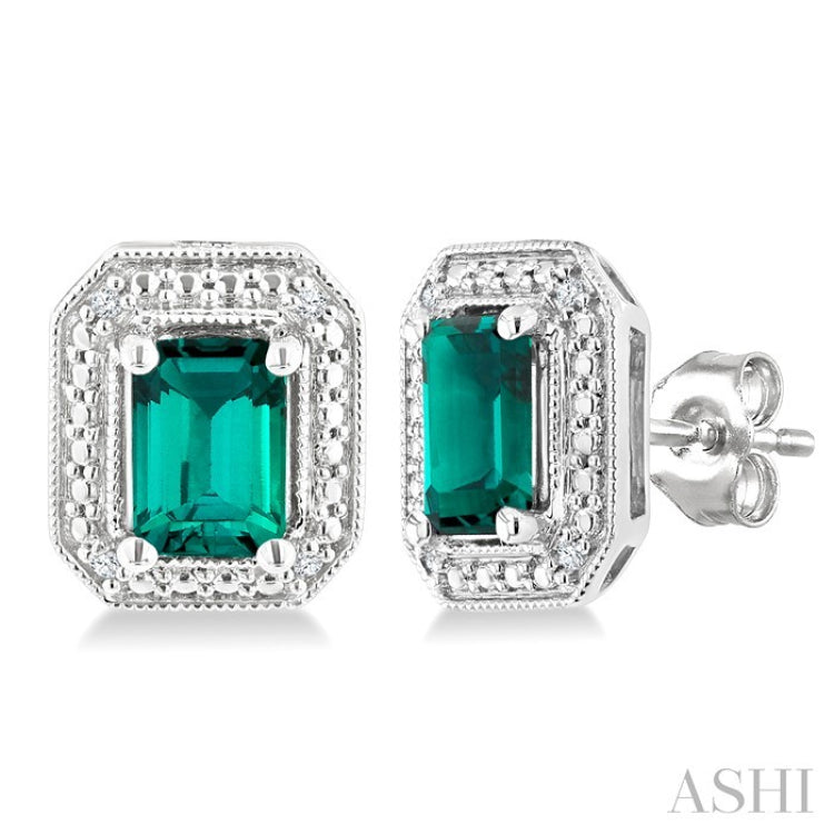 6X4 MM Octagon Shape Lab-Created Emerald and 1/50 Ctw Round Cut Diamond Precious Earring in Sterling Silver