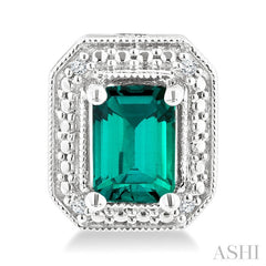 6X4 MM Octagon Shape Lab-Created Emerald and 1/50 Ctw Round Cut Diamond Precious Earring in Sterling Silver
