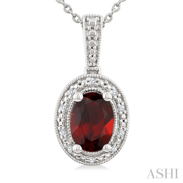 7X5 MM Oval Shape Garnet and 1/50 Ctw Round Cut Diamond Semi-Precious Pendant With Chain in Sterling Silver