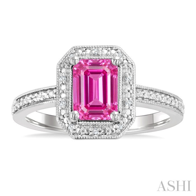 7X5 MM Octagon Shape Lab-Created Pink Sapphire and 1/50 Ctw Round Cut Diamond Precious Ring in Sterling Silver