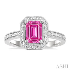 7X5 MM Octagon Shape Lab-Created Pink Sapphire and 1/50 Ctw Round Cut Diamond Precious Ring in Sterling Silver