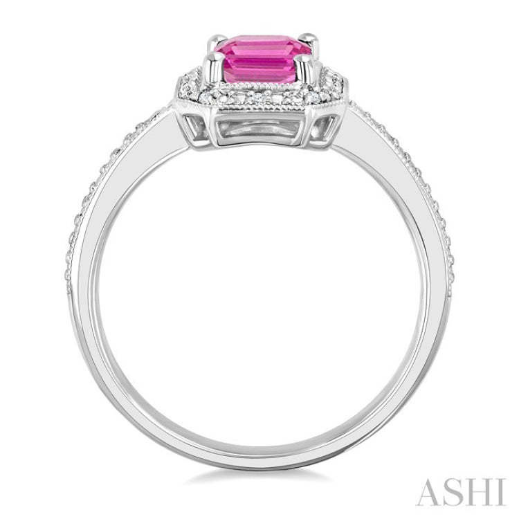 7X5 MM Octagon Shape Lab-Created Pink Sapphire and 1/50 Ctw Round Cut Diamond Precious Ring in Sterling Silver