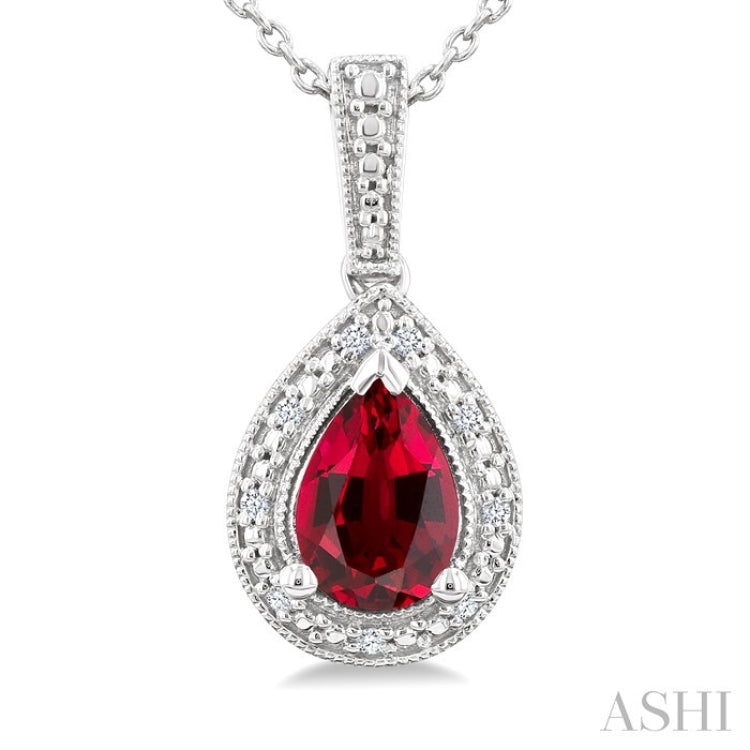 7X5 MM Pear Shape Lab-Created Ruby and 1/50 Ctw Round Cut Diamond Precious Pendant With Chain in Sterling Silver