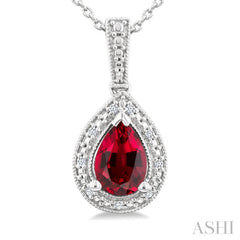 7X5 MM Pear Shape Lab-Created Ruby and 1/50 Ctw Round Cut Diamond Precious Pendant With Chain in Sterling Silver