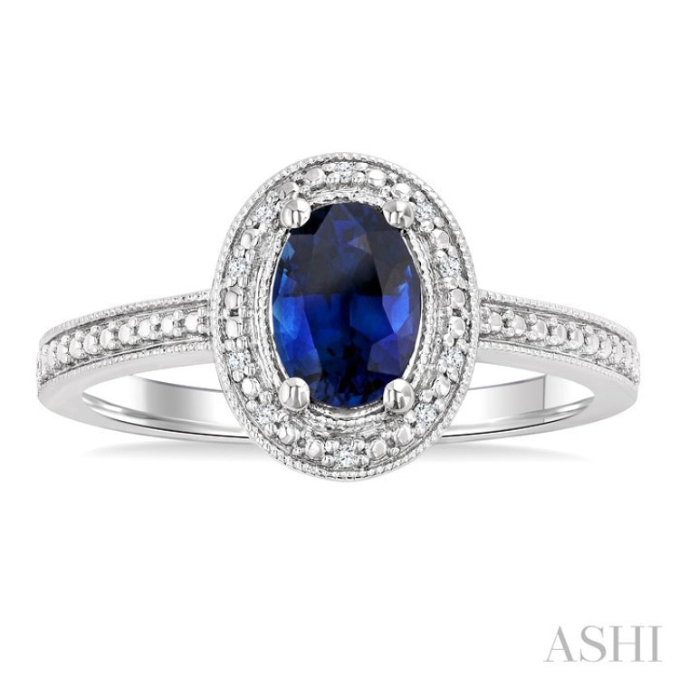 7X5 MM Oval Shape Lab-Created Sapphire and 1/50 Ctw Round Cut Diamond Precious Ring in Sterling Silver