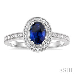 7X5 MM Oval Shape Lab-Created Sapphire and 1/50 Ctw Round Cut Diamond Precious Ring in Sterling Silver