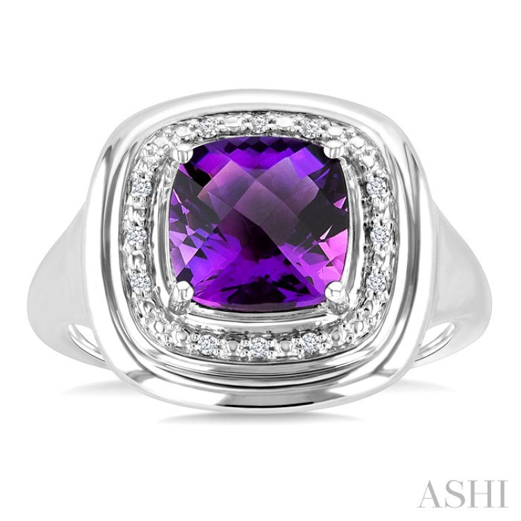 8 MM Cushion Shape Amethyst and 1/20 Ctw Round Cut Diamond Bold Semi-Precious Ring in Sterling Silver