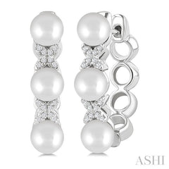 5 MM Cultured Pearl and 1/10 Ctw Round Cut Diamond Flower Earrings in 14K White Gold