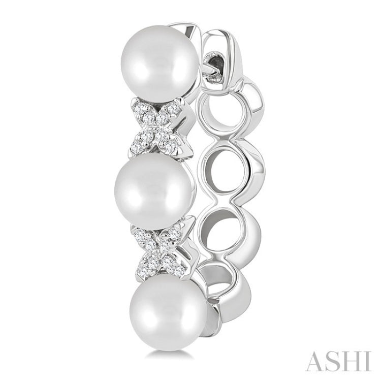 5 MM Cultured Pearl and 1/10 Ctw Round Cut Diamond Flower Earrings in 14K White Gold