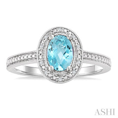 7X5 MM Oval Shape Aquamarine and 1/50 Ctw Round Cut Diamond Semi-Precious Ring in Sterling Silver