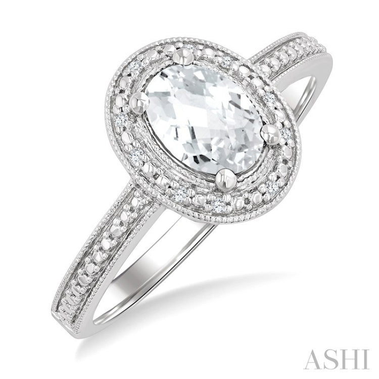 6X4 MM Oval Shape White Topaz and 1/50 Ctw Round Cut Diamond Semi-Precious Ring in Sterling Silver