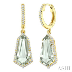 14X7 MM Evoque Gemstones Shield Shape Green Amethyst and 3/8 Ctw Round Cut Diamond Semi-Precious Earrings in 14K Yellow Gold