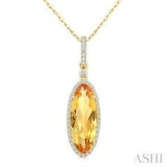 16X6 MM Evoque Gemstone Oval Shape Citrine and 1/5 Ctw Round Cut Diamond Semi-Precious Pendant With Chain in 10K Yellow Gold