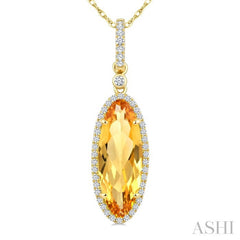 16X6 MM Evoque Gemstone Oval Shape Citrine and 1/5 Ctw Round Cut Diamond Semi-Precious Pendant With Chain in 10K Yellow Gold