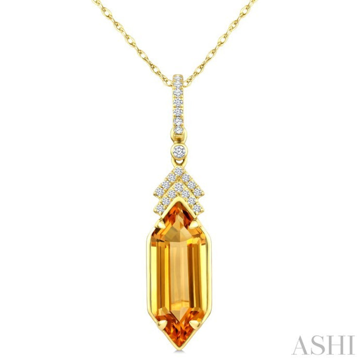 16X6 MM Evoque Gemstone Hexagon Shape Citrine and 1/10 Ctw Round Cut Diamond Semi-Precious Pendant With Chain in 10K Yellow Gold