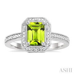 7X5 MM Octagon Shape Peridot and 1/50 Ctw Round Cut Diamond Semi-Precious Ring in Sterling Silver
