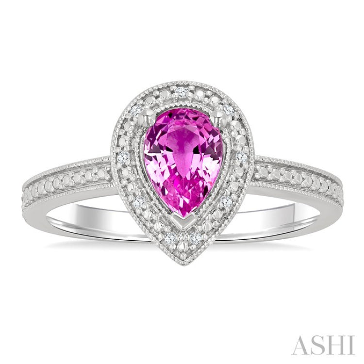 7X5 MM Pear Shape Lab-Created Pink Sapphire and 1/50 Ctw Round Cut Diamond Precious Ring in Sterling Silver