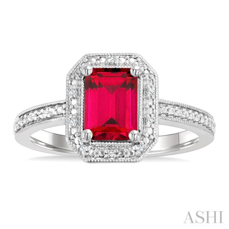 7X5 MM Octagon Shape Lab-Created Ruby and 1/50 Ctw Round Cut Diamond Precious Ring in Sterling Silver
