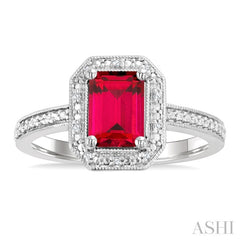 7X5 MM Octagon Shape Lab-Created Ruby and 1/50 Ctw Round Cut Diamond Precious Ring in Sterling Silver