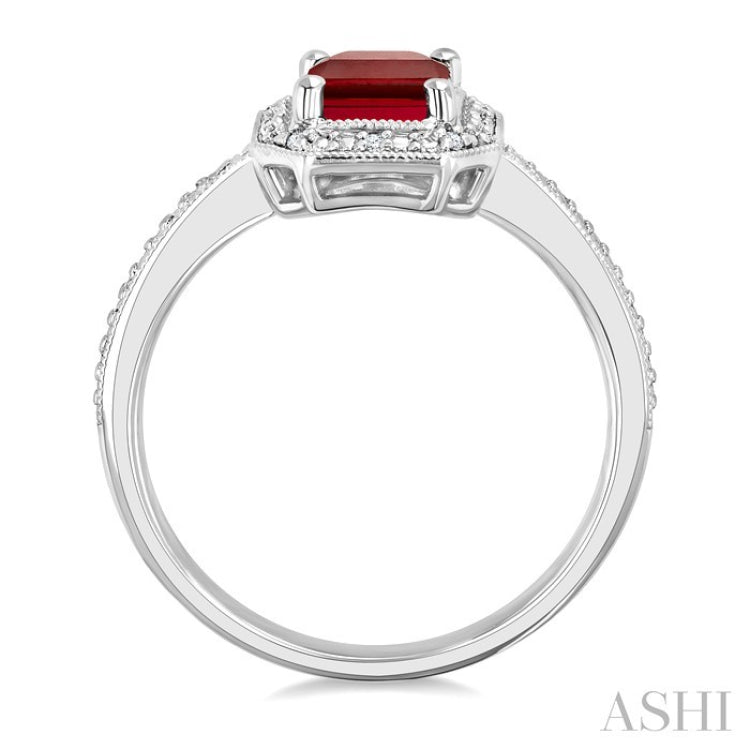 7X5 MM Octagon Shape Lab-Created Ruby and 1/50 Ctw Round Cut Diamond Precious Ring in Sterling Silver