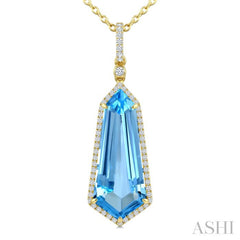 22X9 MM Evoque Gemstones Shield Shape Blue Topaz and 1/4 Ctw Round Cut Diamond Semi-Precious Pendant With Chain in 14K Yellow Gold