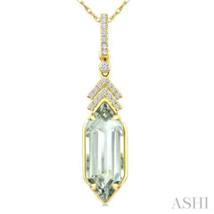 16X6 MM Evoque Gemstone Hexagon Shape Green Amethyst and 1/10 Ctw Round Cut Diamond Semi-Precious Pendant With Chain in 10K Yellow Gold
