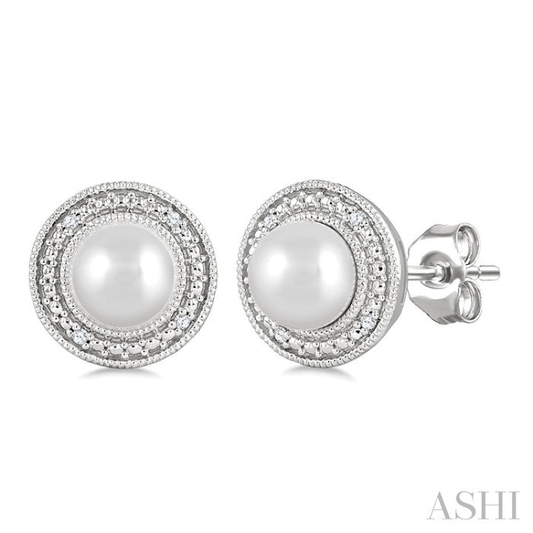 6MM Cultured Pearl and 1/50 Ctw Round Cut Diamond Halo Earrings in Sterling Silver