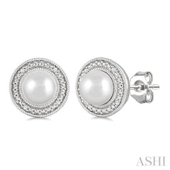 6MM Cultured Pearl and 1/50 Ctw Round Cut Diamond Halo Earrings in Sterling Silver