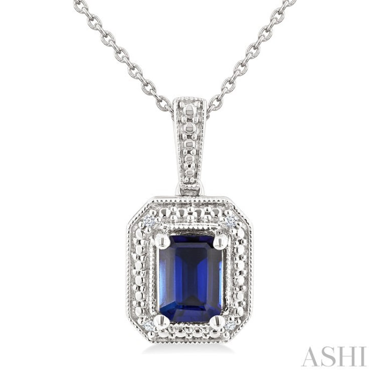 7X5 MM Octagon Shape Lab-Created Sapphire and 1/50 Ctw Round Cut Diamond Precious Pendant With Chain in Sterling Silver