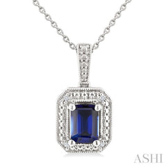 7X5 MM Octagon Shape Lab-Created Sapphire and 1/50 Ctw Round Cut Diamond Precious Pendant With Chain in Sterling Silver