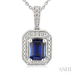 7X5 MM Octagon Shape Lab-Created Sapphire and 1/50 Ctw Round Cut Diamond Precious Pendant With Chain in Sterling Silver