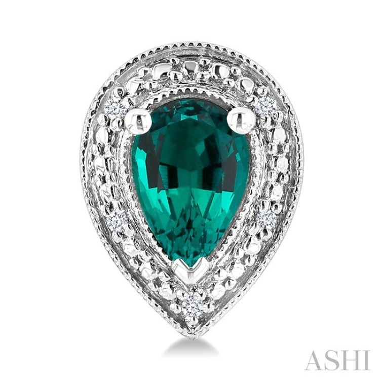 6X4 MM Pear Shape Lab-Created Emerald and 1/50 Ctw Round Cut Diamond Precious Earring in Sterling Silver