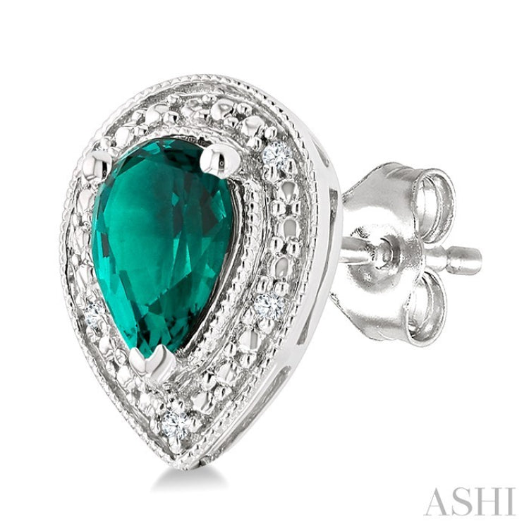 6X4 MM Pear Shape Lab-Created Emerald and 1/50 Ctw Round Cut Diamond Precious Earring in Sterling Silver