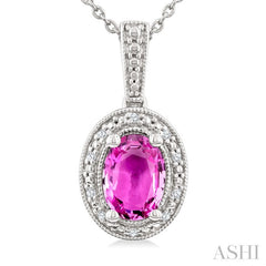 7X5 MM Oval Shape Lab-Created Pink Sapphire and 1/50 Ctw Round Cut Diamond Precious Pendant With Chain in Sterling Silver