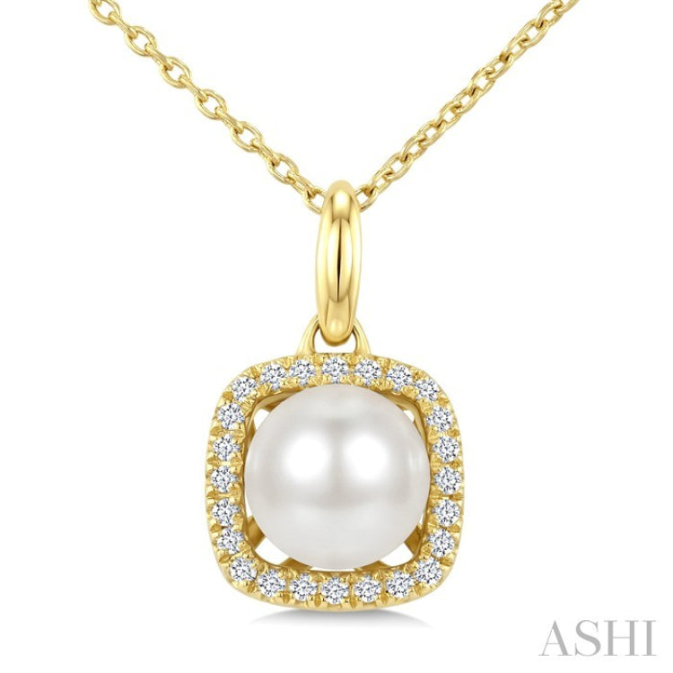 6 MM Cultured Pearl and 1/10 Ctw Round Cut Diamond Petite Cushion Shaped Fashion Pendant With Chain in 10K Yellow Gold