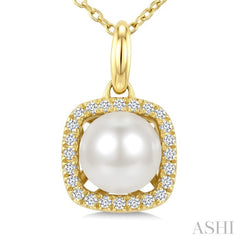 6 MM Cultured Pearl and 1/10 Ctw Round Cut Diamond Petite Cushion Shaped Fashion Pendant With Chain in 10K Yellow Gold