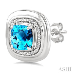 6 MM Cushion Shape Blue Topaz and 1/20 Ctw Round Cut Diamond Semi-Precious Earrings in Sterling Silver